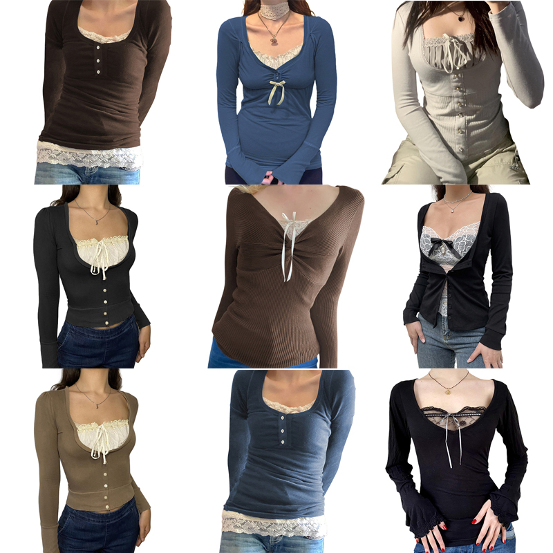 Camisetas Vintage de encaje de retazos de algodón para mujer, moda coreana con botones, ropa informal Grunge Y2K, Tops Retro para primavera y otoño