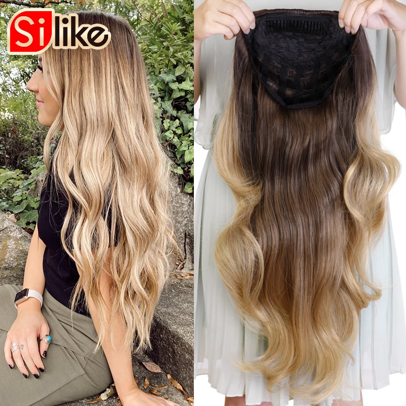 Silike 24Inch Tổng Hợp Lượn Sóng 3/4 Nửa Bộ Tóc Giả Dài Tóc Ombre Tóc Vàng Capless Tóc Giả Kẹp Tóc Nối Dài Cho Nữ 210G