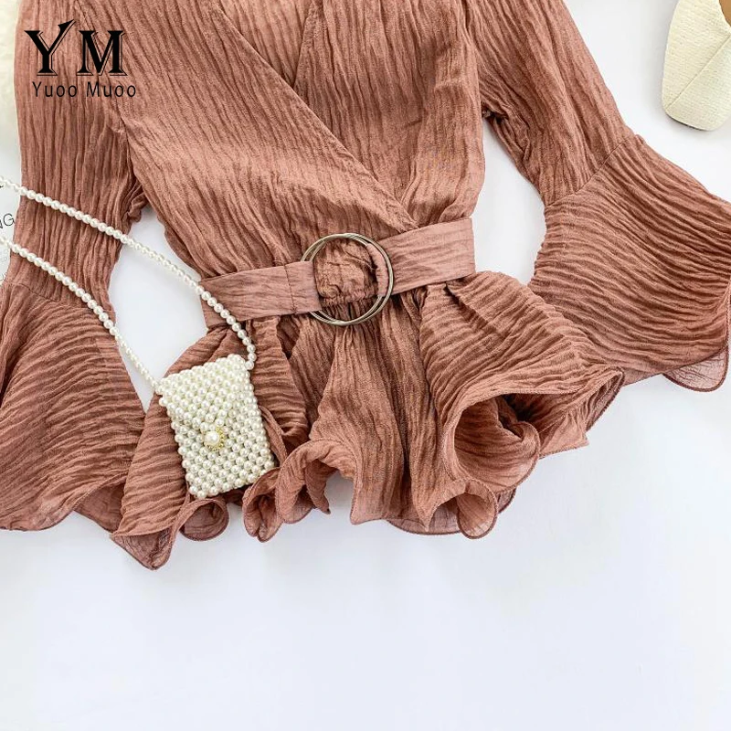 YuooMuoo Sashes ผ้าพันคอฤดูใบไม้ร่วงผู้หญิงเสื้อ 2019 V คอเกาหลีสไตล์ Ruffle เสื้อผู้หญิงแขนยาวชีฟอง TOP