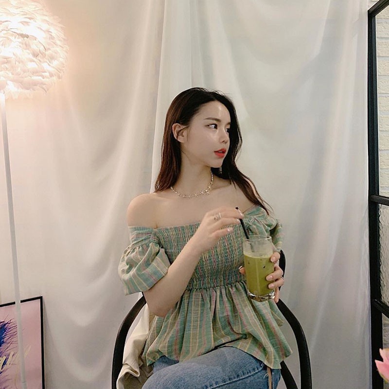 Blusa feminina xadrez manga curta, camisa feminina estilo francês com babados 2020