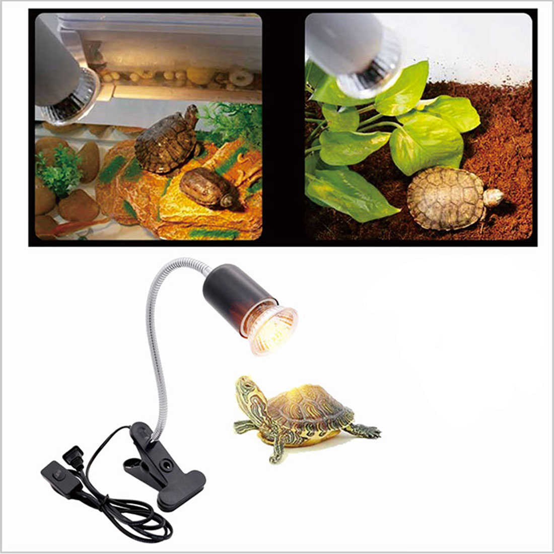 สีดําสีขาวปลั๊กคลิปสัตว์เลื้อยคลานโคมไฟความร้อนปรับ Gooseneck Aquarium ถังโคมไฟความร้อนสําหรับเต่า Lizard Snake Terrarium