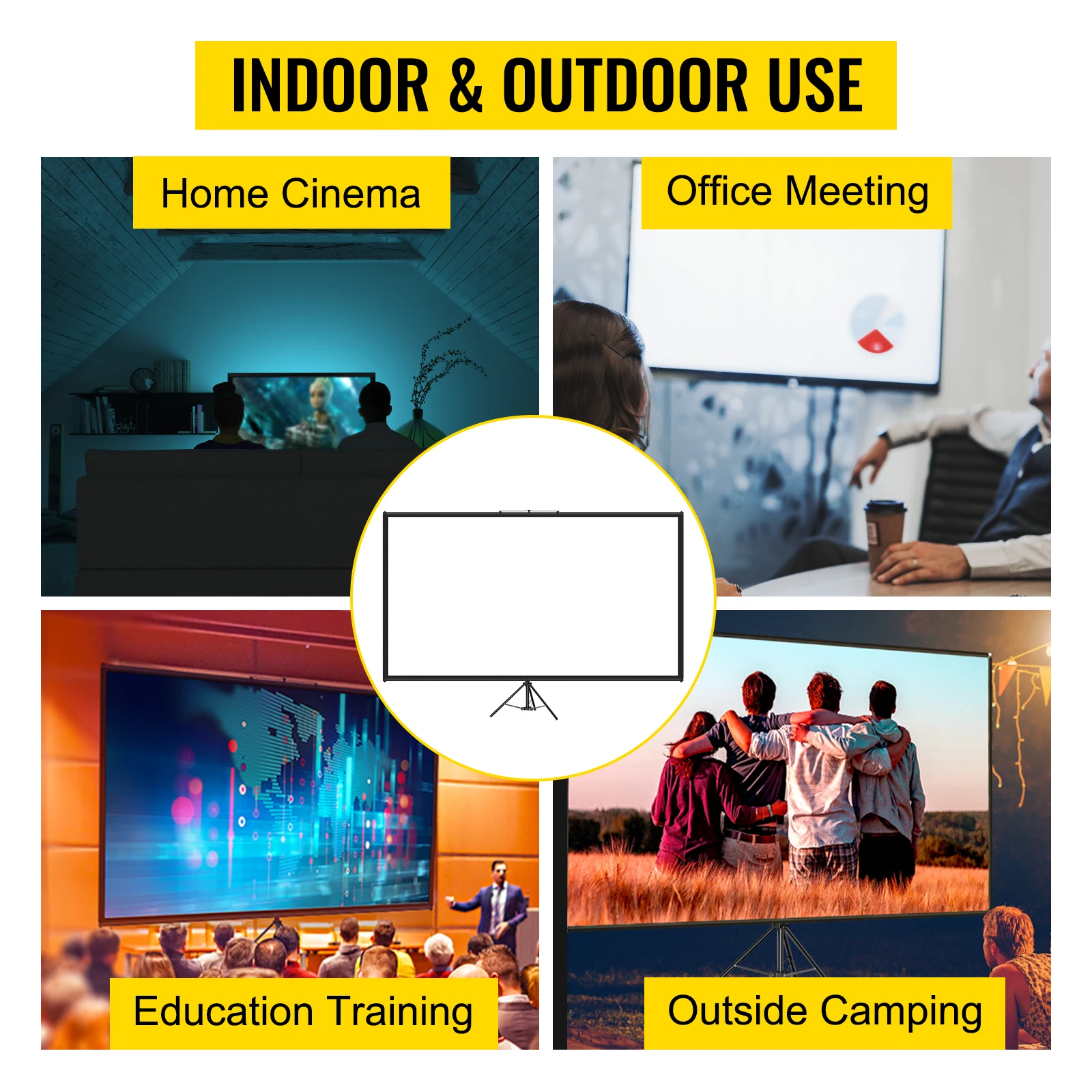 SucceBuy 60 70 80 90 100 Tela de projetor com tripé de 110 polegadas com suporte 16:9 4K HD Cinema doméstico portátil para projeção interna e externa