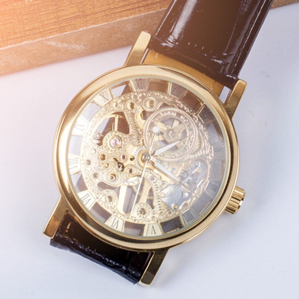 ขายร้อนผู้ชายแฟชั่น Luxury Hollow Skeleton Round Dial สายหนัง Faux นาฬิกาข้อมือนาฬิกาแฟชั่นผู้ชายกีฬานาฬิกานาฬิกาข้อมือเย็น