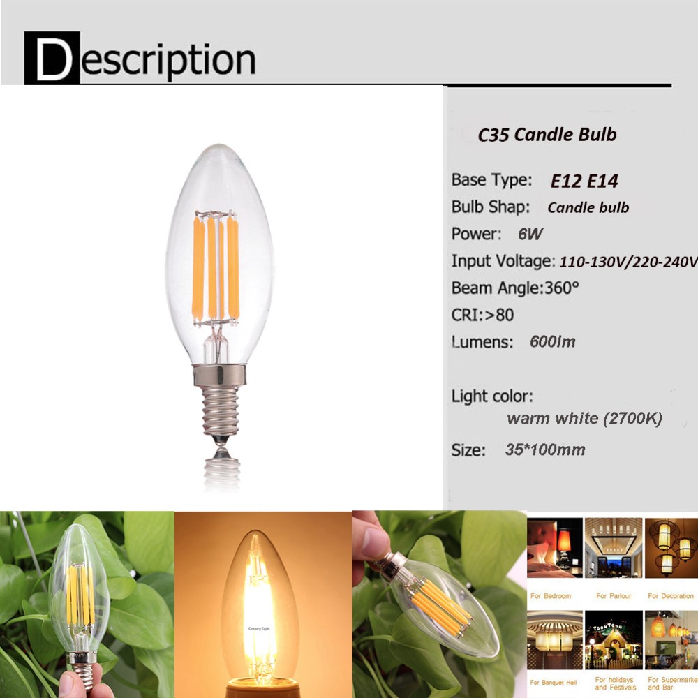C35 6W Dimmbare Led-lampe E12 E14 Filament Kerze Glühbirne 2700k 6000k Kalt Warm Weiß Edison retro Kandelaber Antike Led Lampe