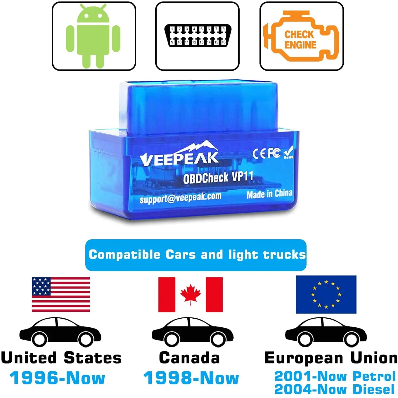 Veepeak Mini escáner Bluetooth OBD2 para Android, herramienta de escaneo de diagnóstico OBD II para coche, lector de código de luz del motor, compatible con par