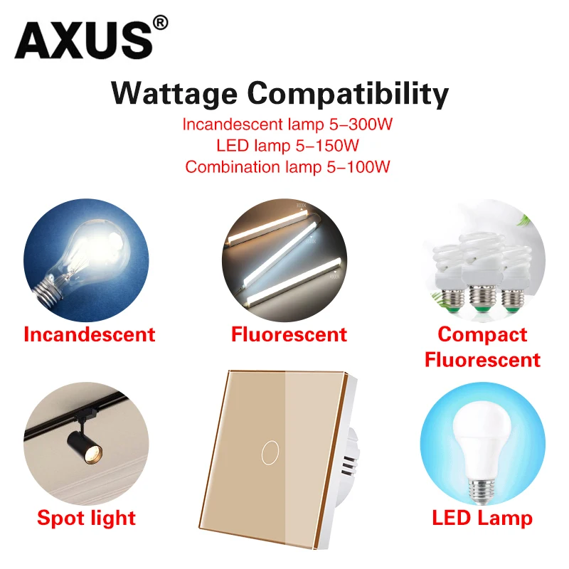 AXUS Europeo AC100-240V Temperato Nero Bianco Cristallo Interruttore tattile Pannello Sensore di luce da parete Pulsante 1/2/3 Gang 10A Interrupt