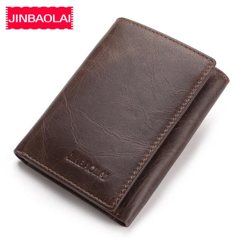 JINBAOLAI, billeteras de cuero de vaca auténtico para hombre, tarjetero, compartimento para notas, billeteras cortas, marca Vintage, monederos de alta calidad para hombre