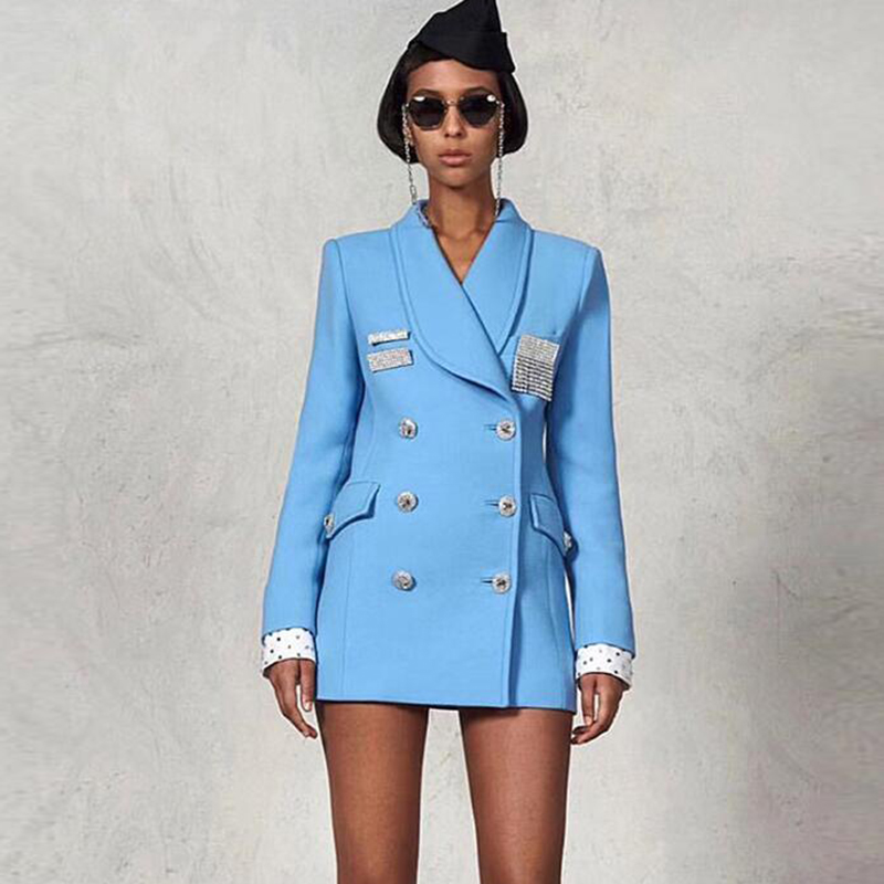 Blazer Desainer Bagus Terbaru Kualitas Tinggi Mantel Blazer Kancing Berlian Kristal Double Breasted Wanita