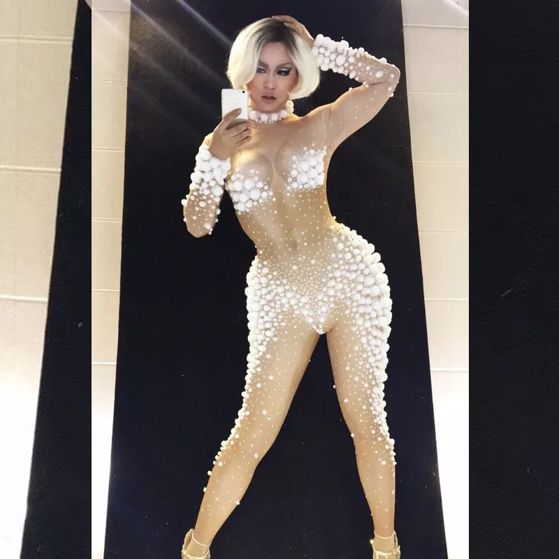 เซ็กซี่ดอกไม้สีชมพูRhinestone Bodysuit JumpsuitลากQueenเครื่องแต่งกายนักร้องStageสวมOne Pieceยืดชุดไนท์คลับRomper