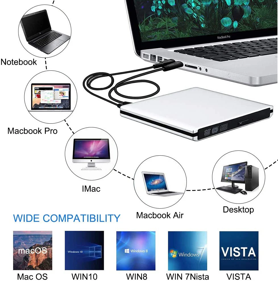 External USB3.0 Blu-Ray Reader Bluray Burner and Writer 3D BD-ROM Optical DVD Recorder BD-RE Bluray Play for Laptop/Desktop