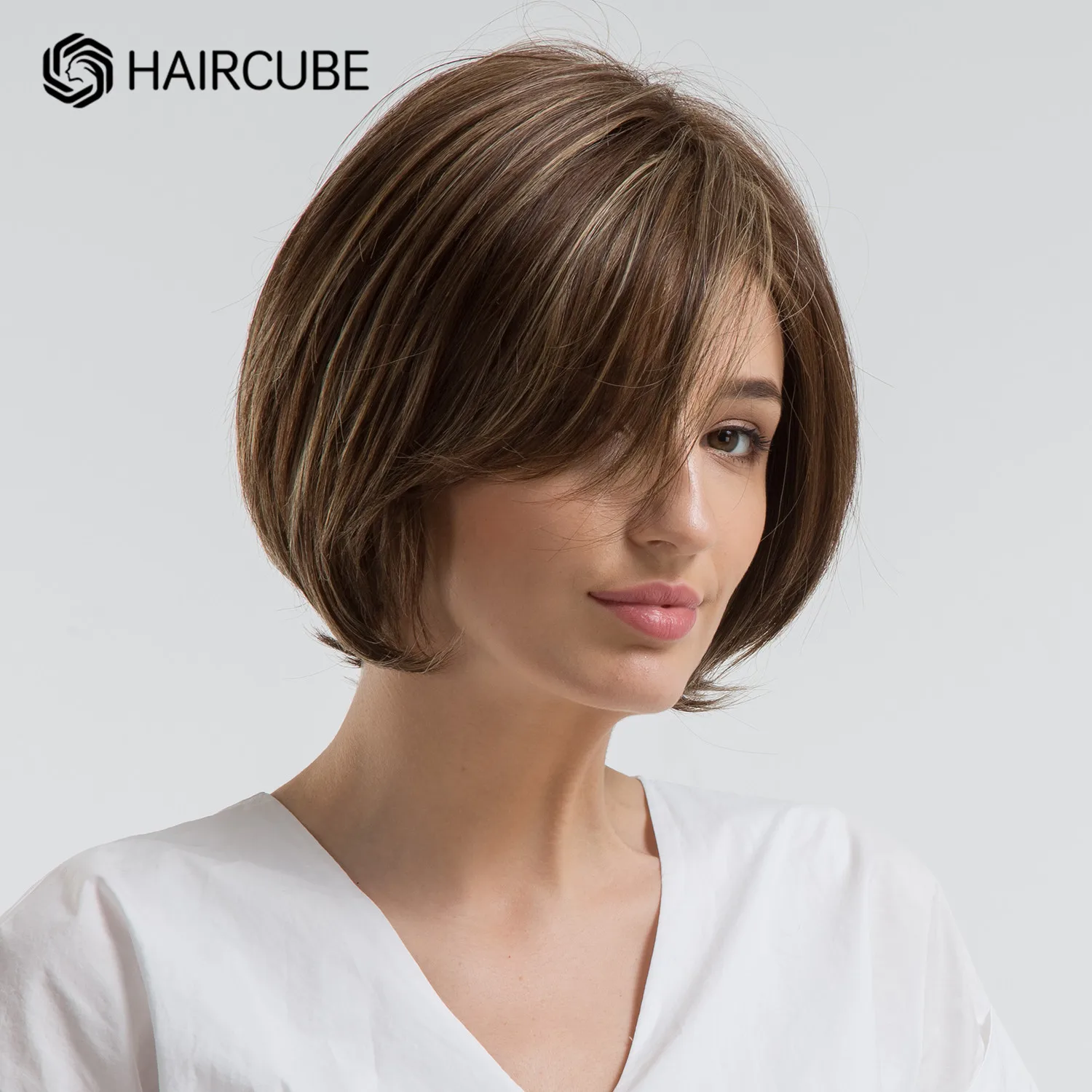 HAIRCUBE Pha Nâu Ngắn Tổng Hợp Bộ Tóc Giả Với Nổ Nhiệt Độ Cao Thẳng Bob Tóc Giả Blend 30% Tóc Tóc Giả Dành Cho Nữ