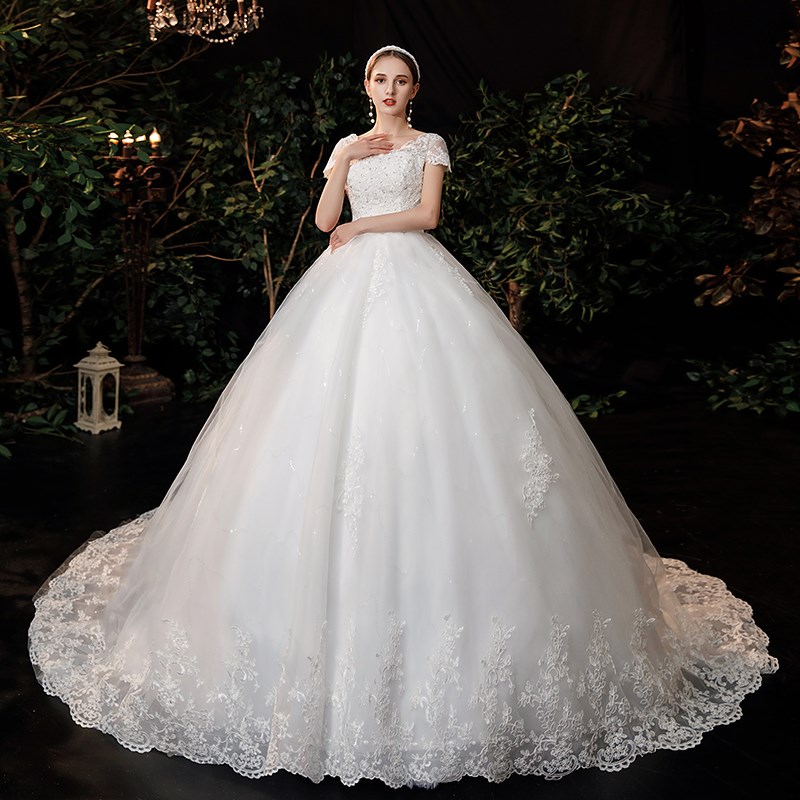2022 Cao Cấp Phối Ren Cổ V BẦU VÁY Áo Ngắn Tay Công Chúa Ảo Ảnh Táo Cô Dâu Đồ Bầu Casamento