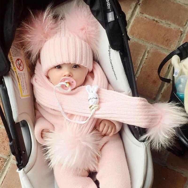 Kinderen Echt Natuurlijk Bont Pompom Muts Baby Kids Winter Gebreide Muts En Sjaal Set Jongens Meisjes 4 Stuks Pom Pom Beanie Cap