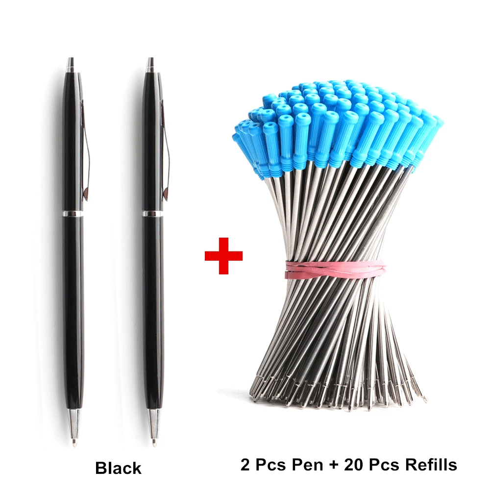 2 + 20 Chiếc/Bộ Kim Loại Bút Bi Nạp Lại Cho Trường Học Công Sở Chất Liệu Thép Không Gỉ Bút Bi Đen màu Xanh Mực Đổ