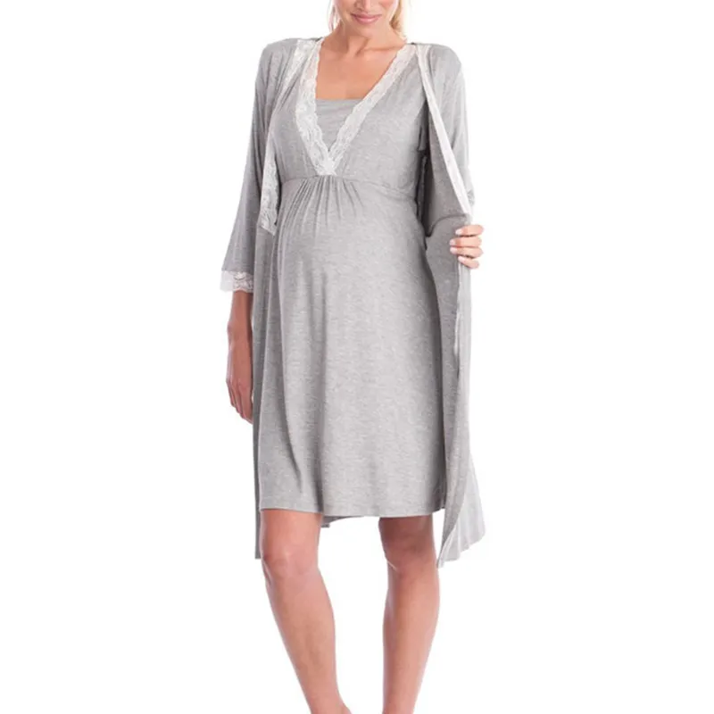 Mulheres grávidas renda pijamas com cinto ajustável, robe para maternidade, camisola, pijama vestido, roupa de gravidez