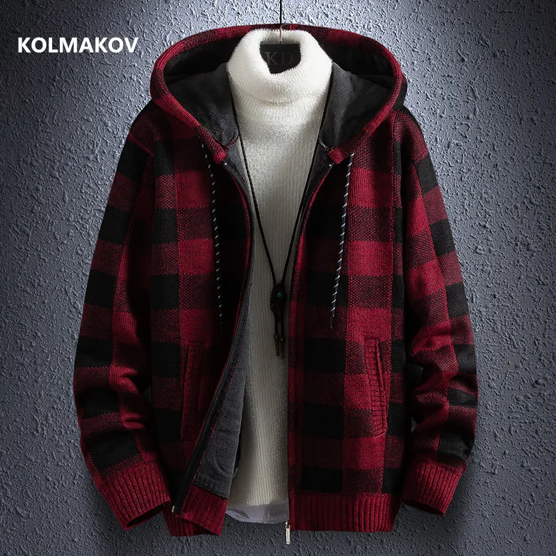 Winter Dicke Strickjacke männer Pullover Zipper Gestreiften Kapuze Mode Warme Slim fit Gestrickte Pullover Männlich Fleece Hoodies Mäntel männer