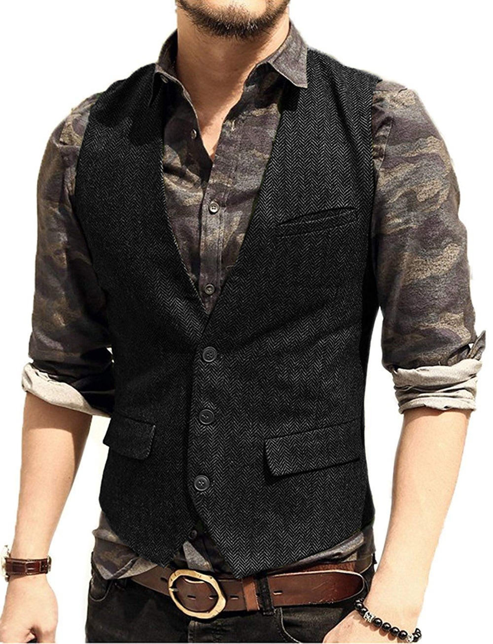 Chaleco Ajustado de Tweed para hombre, ropa Vintage de espiga con cuello en V, trajes de padrino de boda informales de lana para XS-5XL