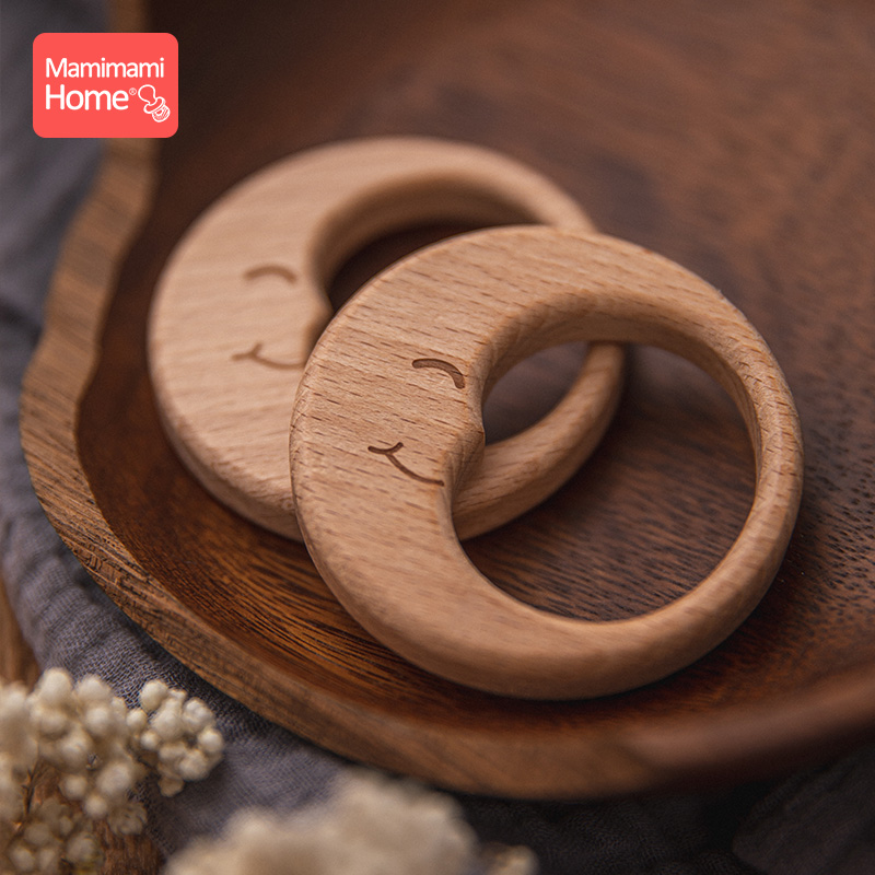5 piezas de mordedor para bebé, colgantes de cadena de chupete, luna de madera de haya, sin BPA, anillo de dentición de madera, accesorios colgantes, juguetes para niños