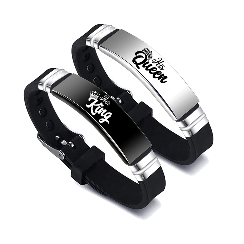 Aço inoxidável ajustável Silicone Strap Bangle, Sua Rainha e Seu Rei Casal Pulseira, Presente Dia dos Namorados, 2 Pçs/set