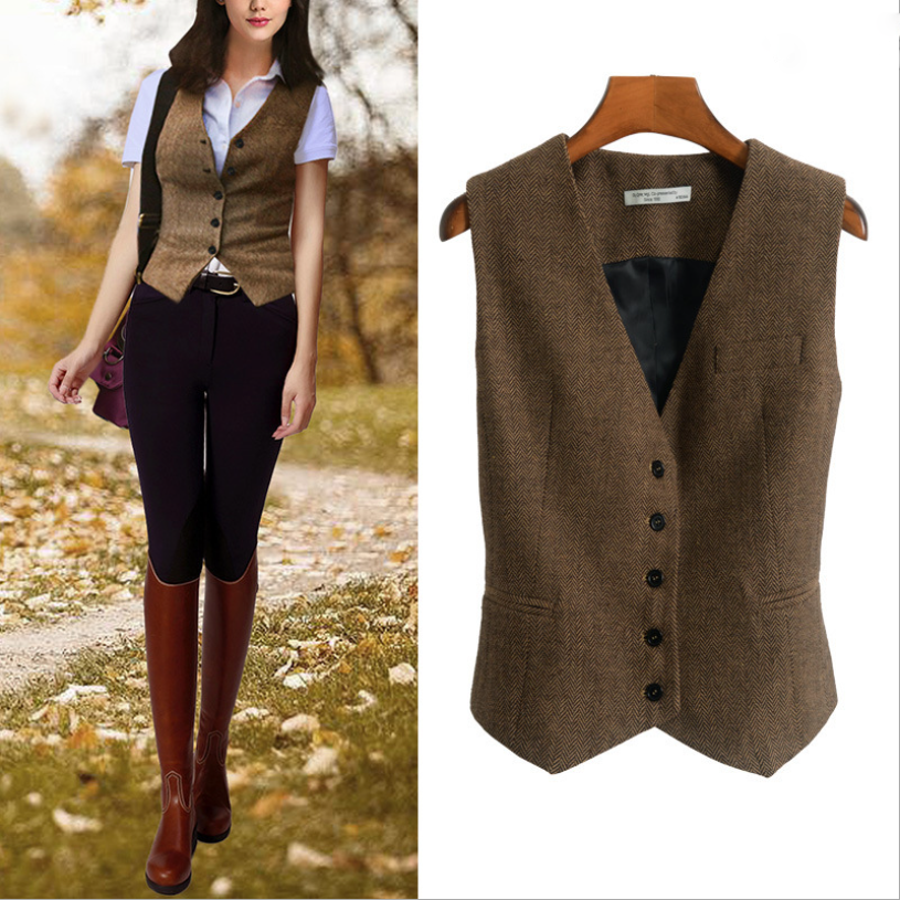 Damen Anzugweste Herringbone Tweed V-Ausschnitt 4-Knopf-Weste Damen Retro Slim Fit ärmellose Weste Steampunk Femme