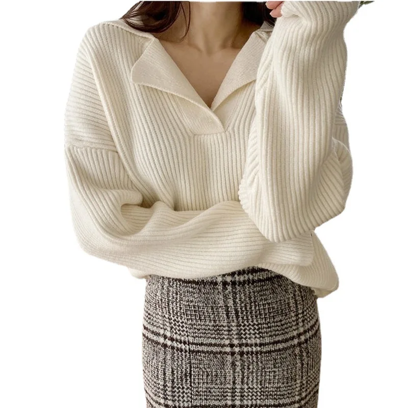 เกาหลีใต้หญิงฤดูใบไม้ร่วงครึ่งเปิด V-Lapel Pullover ฉบับภาษาเกาหลียาวแขนยาวสวมใส่เสื้อกันหนาว