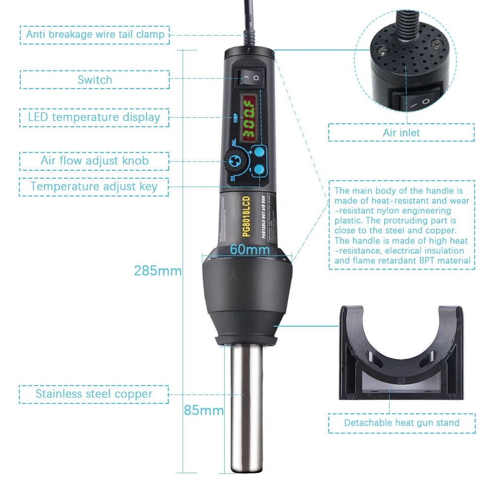 650W UE EE. UU. PG8018LCD pistola de aire caliente de calor electrónico ajustable Estación de soldadura para desoldar IC SMD BGA + boquilla soplador de aire caliente de 650W