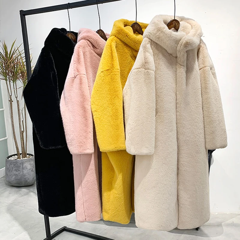 ผู้หญิงฤดูหนาวคุณภาพสูง Faux กระต่ายขนสัตว์หรูหรายาวเสื้อขนสัตว์หลวม OverCoat หนา PLUS ขนาดหญิง Plush Coats