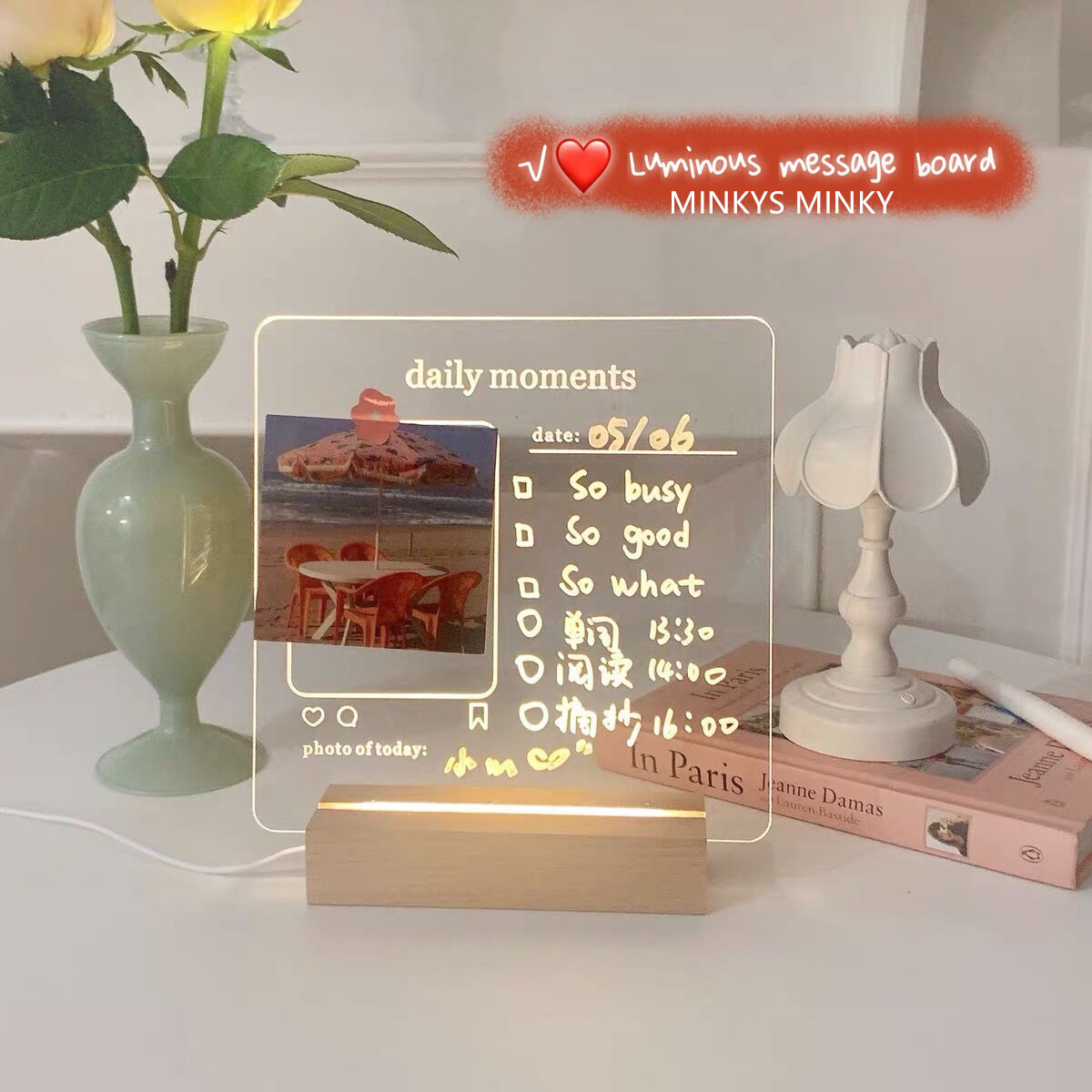 Minkys nova chegada usb acrílico diário momentos foto memo mensagem board com suporte de madeira conjunto lâmpada escola criativa papelaria