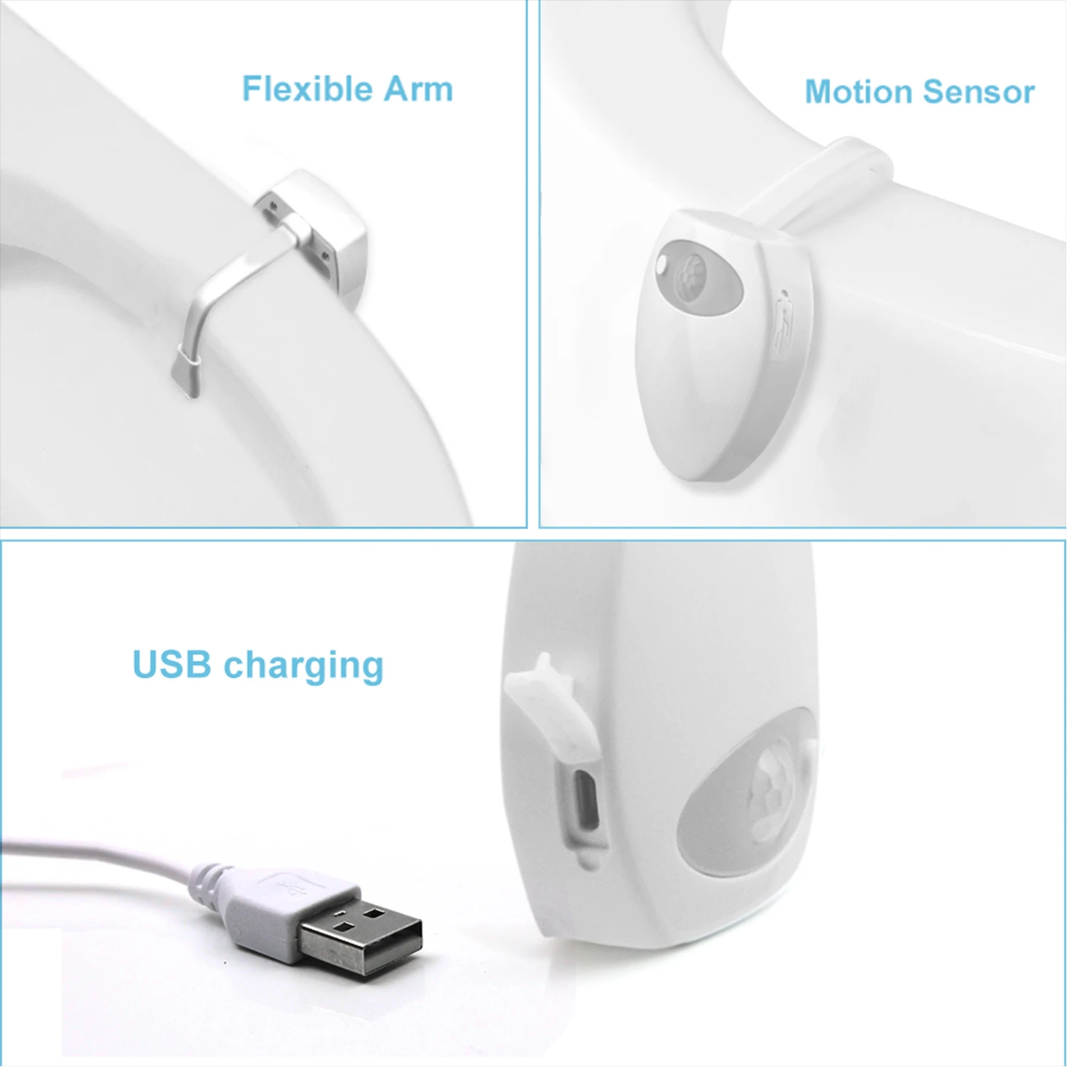Luz nocturna para inodoro con Sensor de movimiento, lámpara de luz nocturna impermeable recargable por USB con función de esterilizador UV, cambio de 16 colores