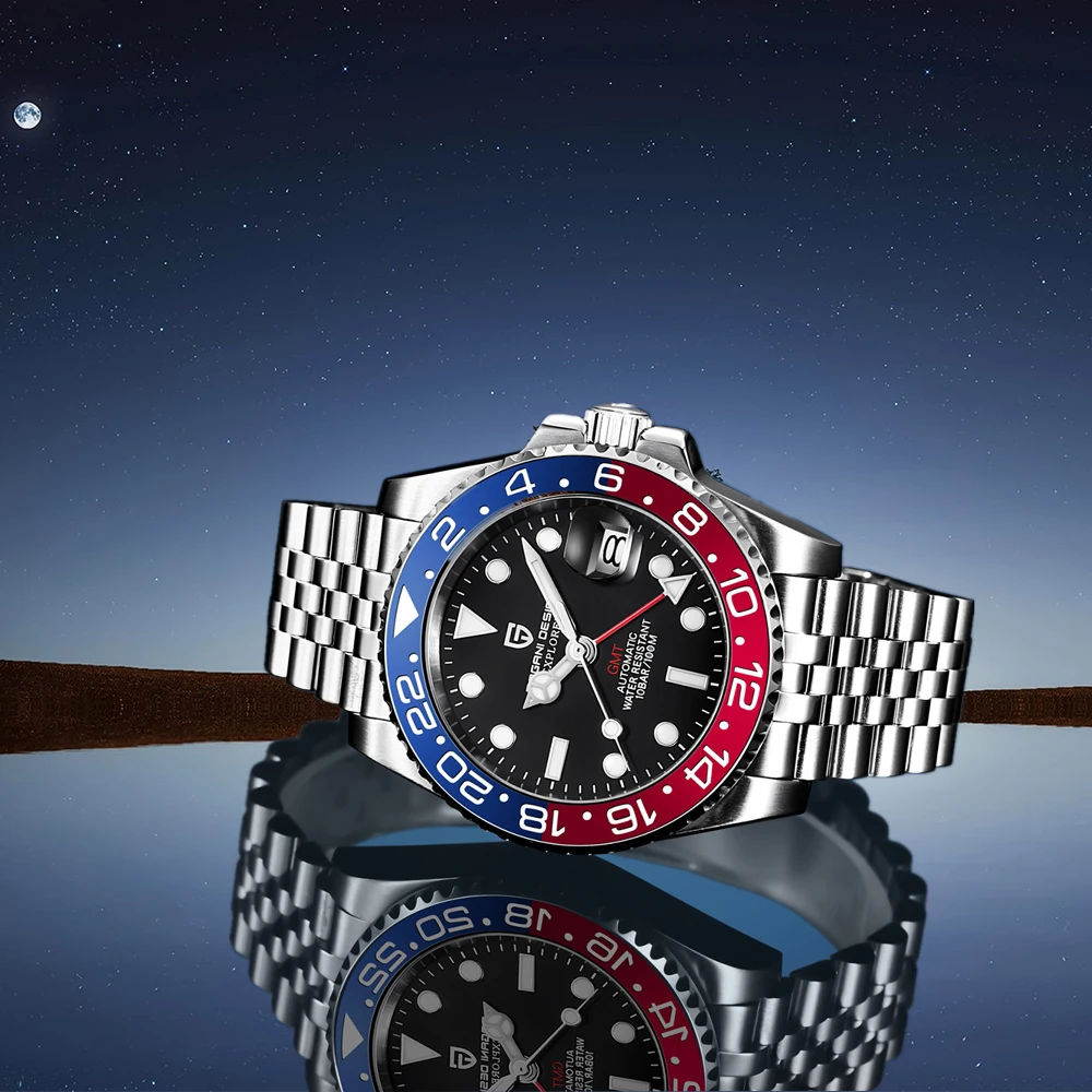 Pagani design PD-1662 luxo gmt masculino relógio de pulso mecânico vidro safira aço inoxidável 100m à prova dwaterproof água relógios automáticos