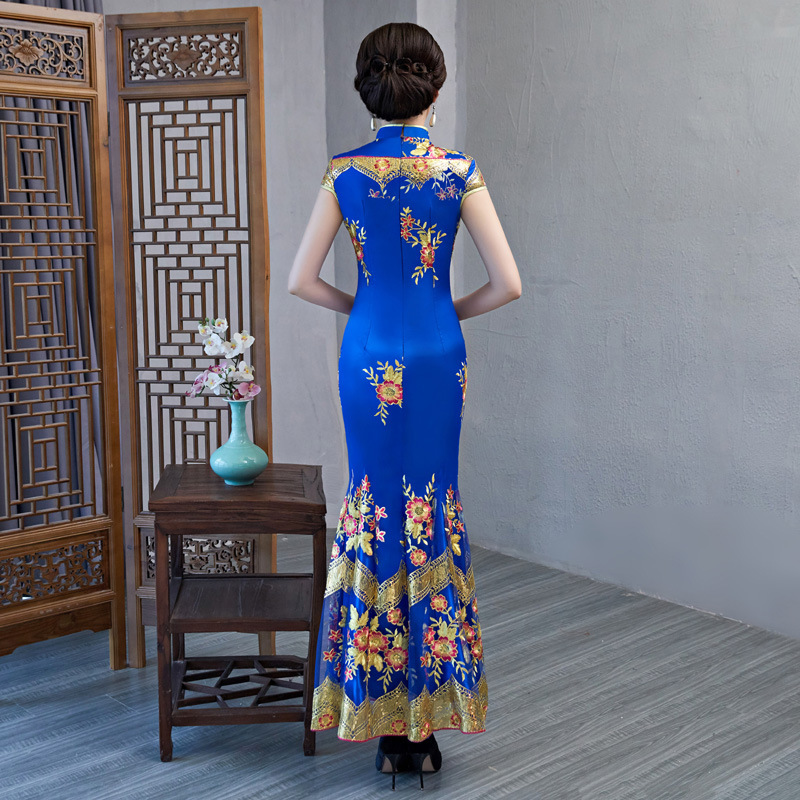 Cheongsam Split Tinggi Seksi Qipao Wanita Satin Gaun Pesta Malam Vestidos Kerah Mandarin Floral China Ukuran Plus 3XL-5XL