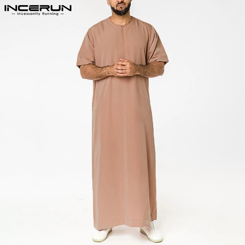 Incerun無地男性イスラム教徒カフタンローブ半袖oネックjubbaトーブカジュアルドバイサウジアラビアアバヤ男性服
