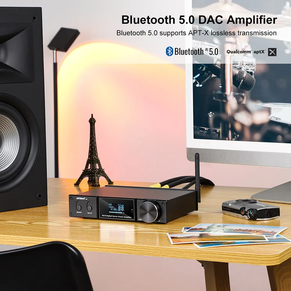 AIYIMA D05 Bluetooth 5.0 Power Amplifier 120Wx2 Sound Amplificador Subwoofer Amplifier USB DAC OLED APTX 2.1 Home Theater