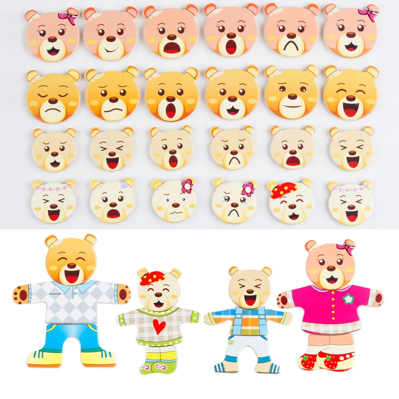 Qwz pequeno urso mudar roupas educação precoce das crianças quebra-cabeça de madeira jogo de vestir brinquedos de quebra-cabeça do bebê para crianças presente