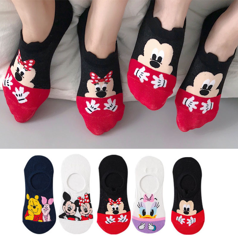 5 pares de calcetines bonitos informales de verano de Disney para mujer, calcetines de animales con dibujos de ratón y pato, calcetines divertidos invisibles de algodón suave, talla 34-40