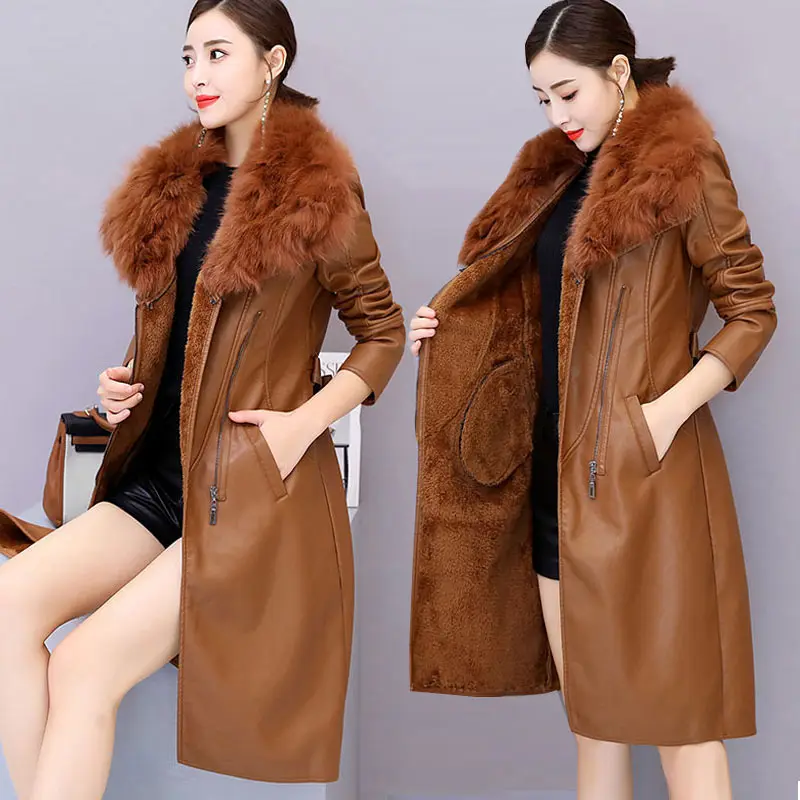 แจ็คเก็ตหนังผู้หญิงฤดูหนาว 2024 ใหม่เพิ่มกํามะหยี่Warm Slim Big Furคอยาวเสื้อหนังหญิงOuterwearกับเข็มขัดM-4XL