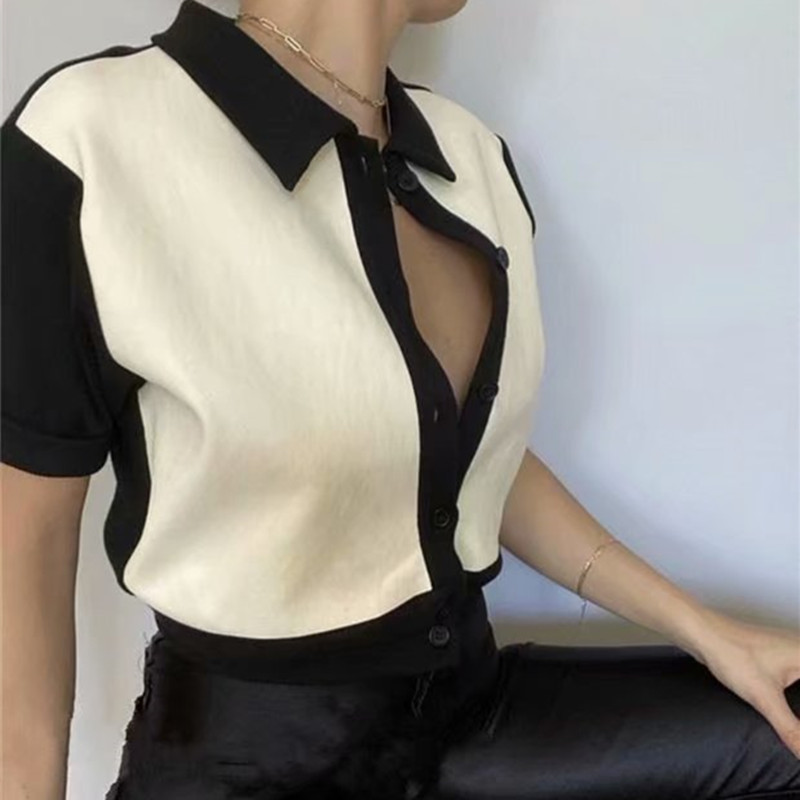 Camisas vintage de verão para mulheres, tops e blusas femininas sensuais, roupas de designer coreano, camisas com botões, kawaii, crop top, patchwork