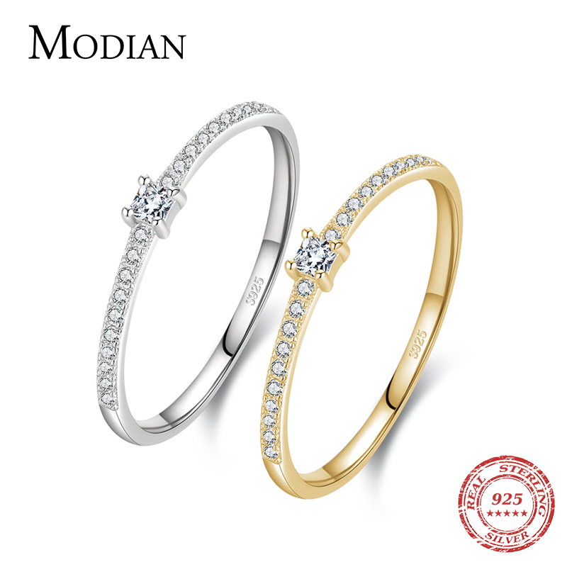 Modian 2021 リアル 925 スターリングシルバーシンプルなスクエアクリア CZ チャームゴールドカラーの指輪女性の結婚式婚約ジュエリー