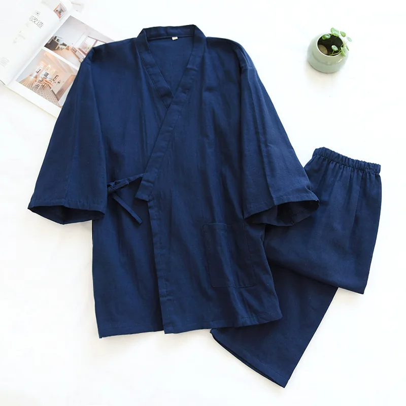 2025Frühling und Sommer Kimono Herren-Pyjama, zweiteilig, 100 % Baumwolle, schlicht, Übergröße, Dreiviertel-Ärmelhose, Heimservice-Set