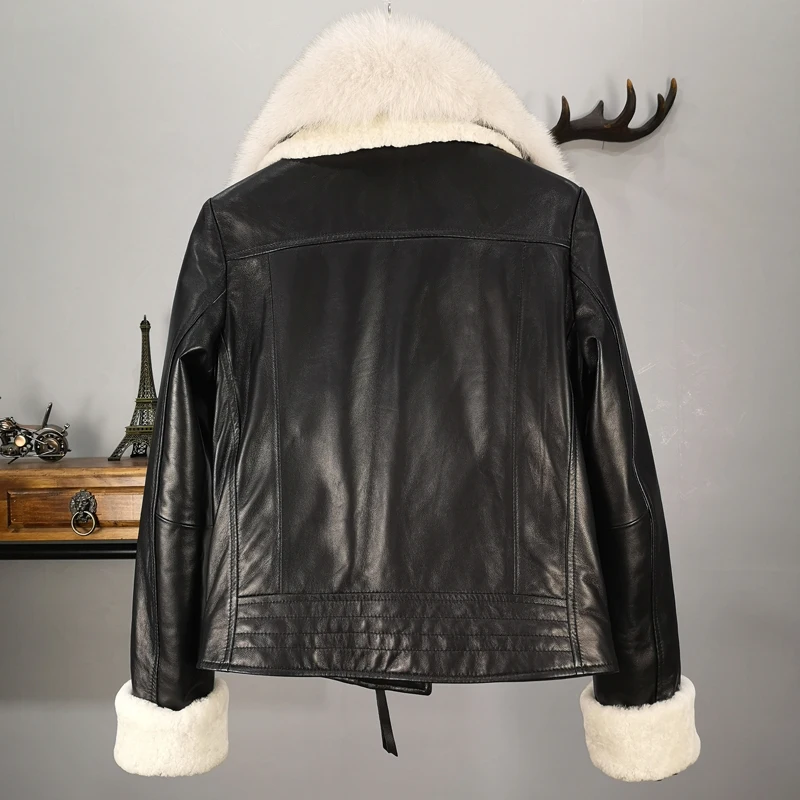 ฤดูหนาวผ้าฝ้ายหนา Warm Real Sheep หนังแจ็คเก็ตหญิงบางธรรมชาติ Fox ขนสัตว์แกะขน Cuff Coat f685