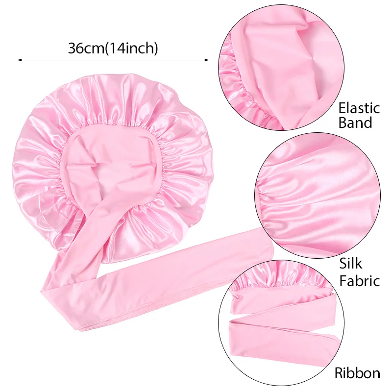 Bonnet de cetim com linha de gravata para mulheres, boné de sono noturno, turbante de chuveiro, unisex, cuidados com os cabelos, preto, rosa, novo
