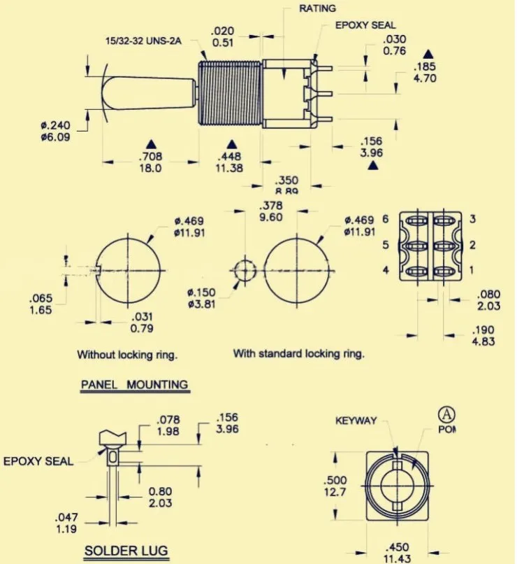Q11 Taiwan metal big head button switch button 2 gear 6 foot toggle rocker arm switch power supply pin switch