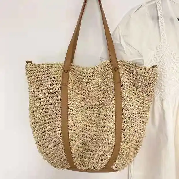 女性のための大容量ストローバッグ,手作りの手織りショルダーバッグ,紙,ビーチバッグ,大,ショッピング,2022