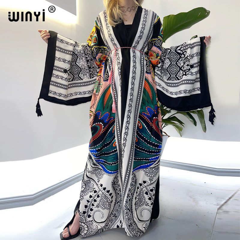 WINYI ชุดฤดูใบไม้ผลิ2021ผู้หญิงกิโมโน Cardigan Stitch Robe ค็อกเทล Sexcy Boho Maxi แอฟริกันวันหยุด Batwing ผ้าไหม Robe