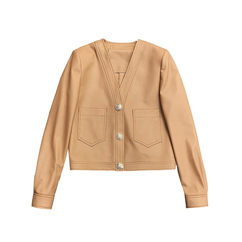 Abrigo corto de cuero genuino para Mujer, chaqueta elegante con cuello en V, hebilla dorada grande, bolsillo informal, Camel/Negro, Otoño/Invierno