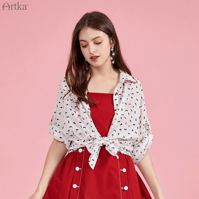 ARTKA 여성용 빈티지 프린트 블라우스, 화이트 쉬폰 셔츠, 캐주얼 루즈 레이스업 긴팔 셔츠, 2020 봄 여름 신상, SA20609C