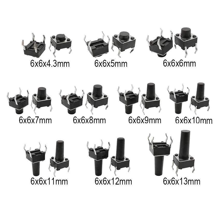 50 Uds 6x6mm táctil Mini interruptor de botón PCB Panel momentáneo DIP 4 pines interruptor de reinicio automático 6*6*4,3/5/6/7/8/9/10/11/12/13MM
