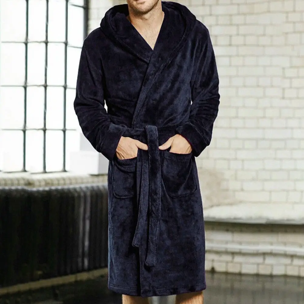 Casaul Men's Plush Shawl BathRobes with Sashes Men Soft Long Sleeve 2 Side Pockets Cloak Winter Solid Warm Dressing Gown M-XXL