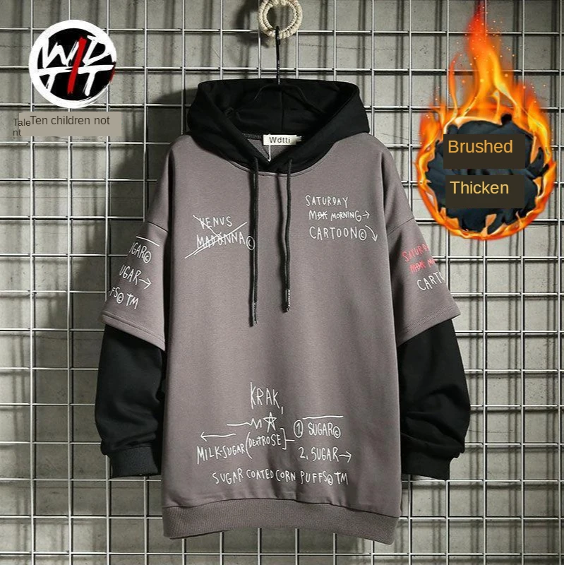 Primavera/outono camisola masculina retro mock de duas peças com capuz coreano hip hop impressão moletom solto com capuz masculino velo acolchoado jaqueta