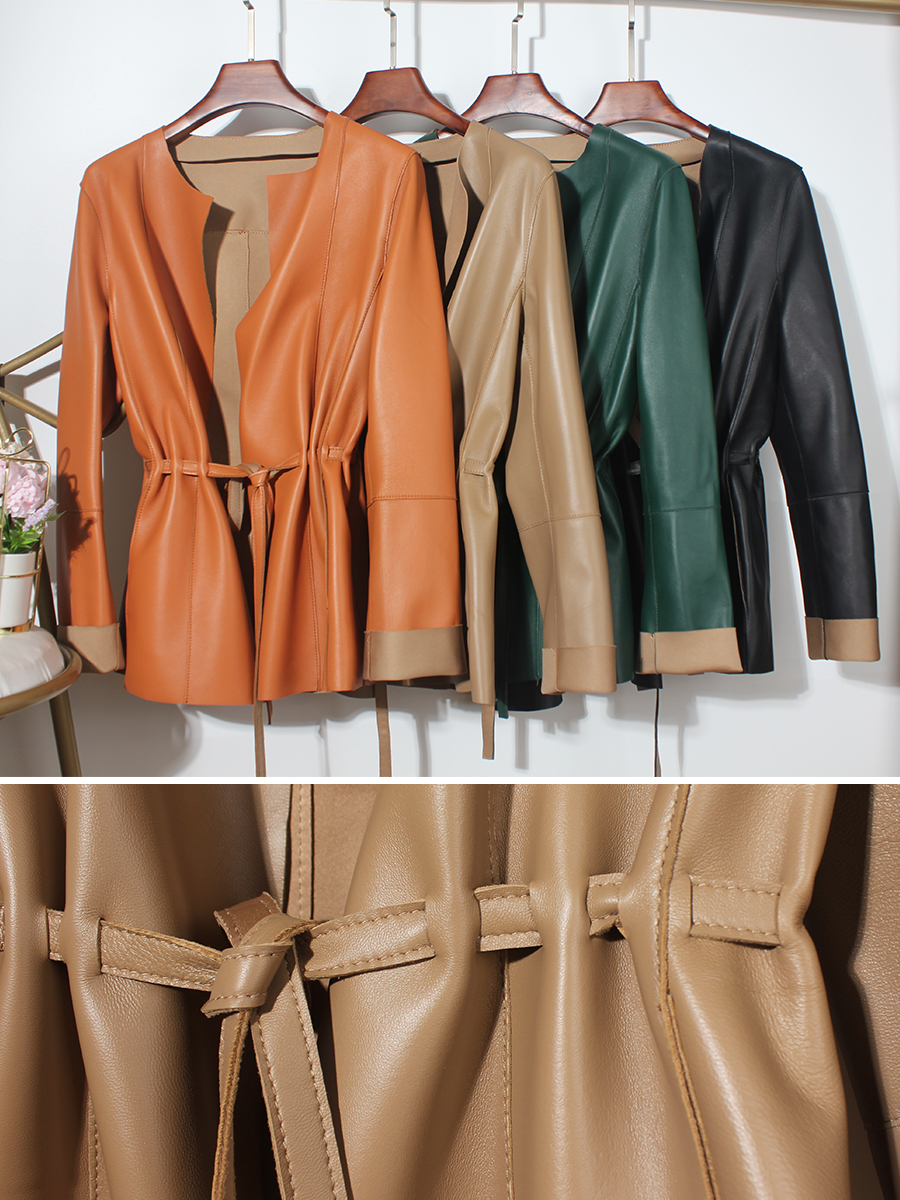 Roupas femininas europeu elegante feminino casaco de couro genuíno mujer desenhar volta em torno do pescoço plissado cinto caramelo jaquetas streetwear